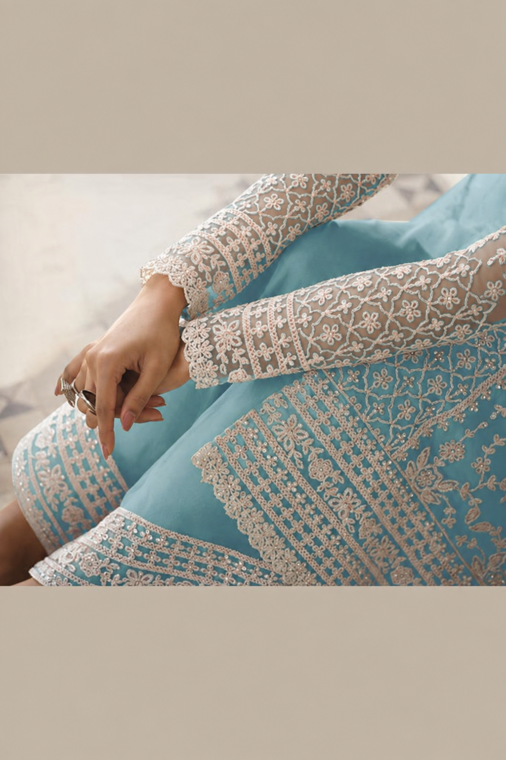 Sky Blue Net Kameez Plazzo Suit For Indian Wedding & Pakistani Festival Dress - Embroidery Work