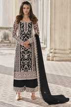 Black Net Kameez Plazzo Suit For Indian Wedding & Pakistani Festival Dress - Embroidery Work