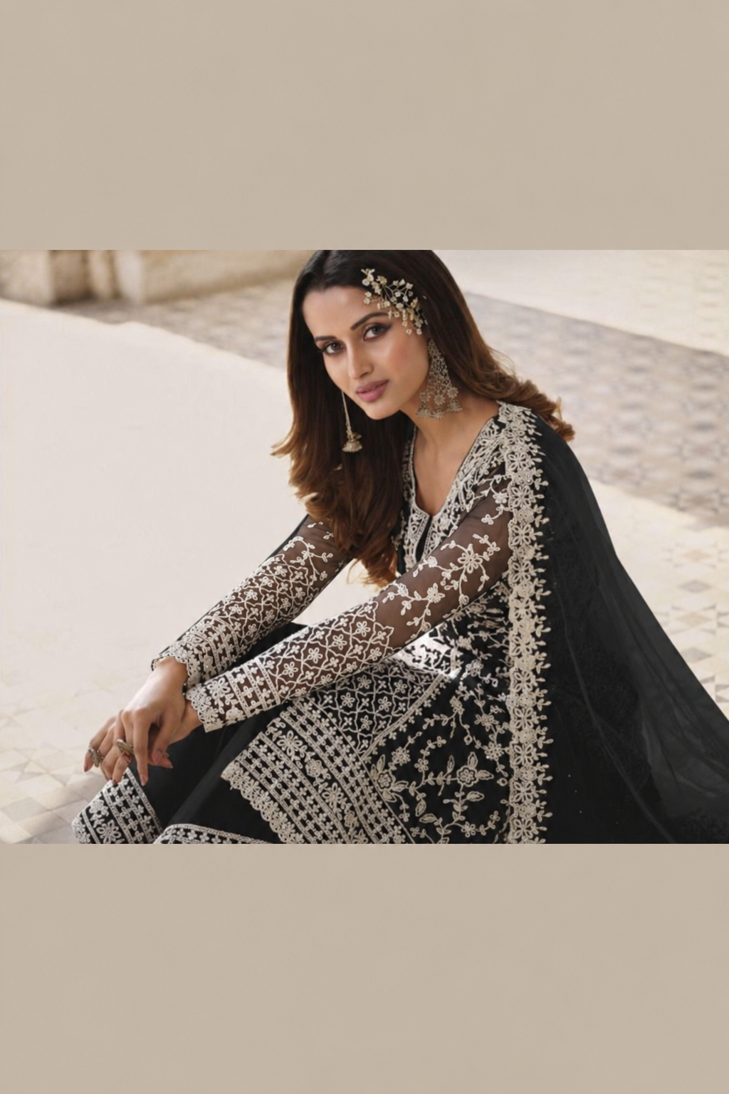 Black Net Kameez Plazzo Suit For Indian Wedding & Pakistani Festival Dress - Embroidery Work