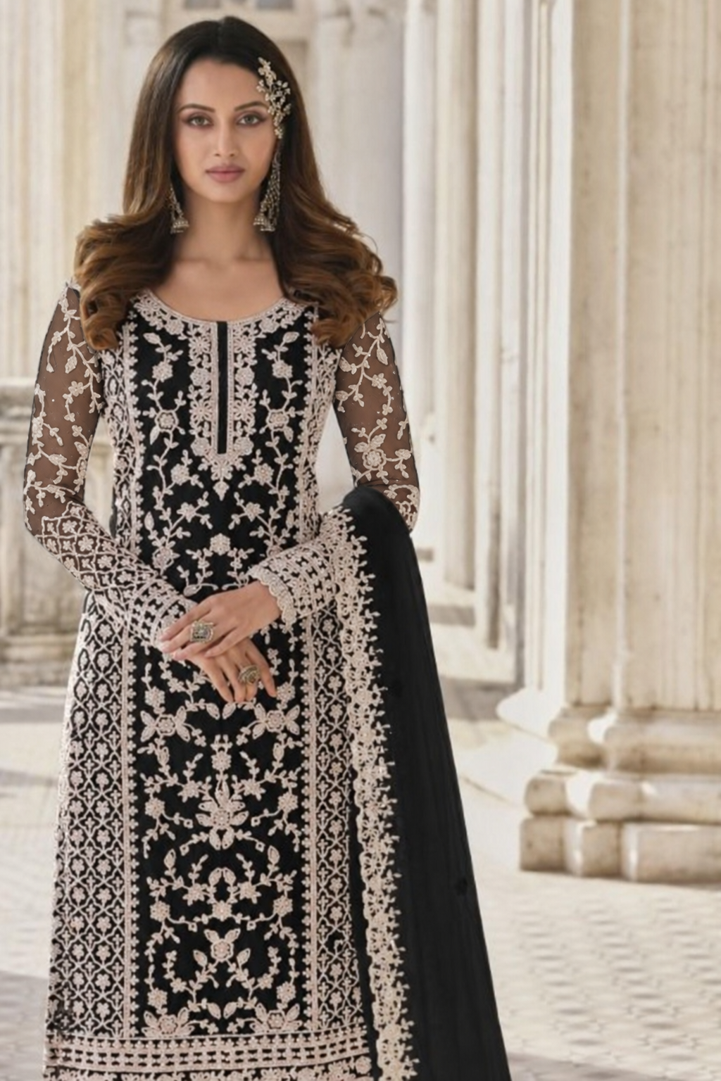 Black Net Kameez Plazzo Suit For Indian Wedding & Pakistani Festival Dress - Embroidery Work