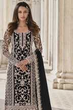 Black Net Kameez Plazzo Suit For Indian Wedding & Pakistani Festival Dress - Embroidery Work