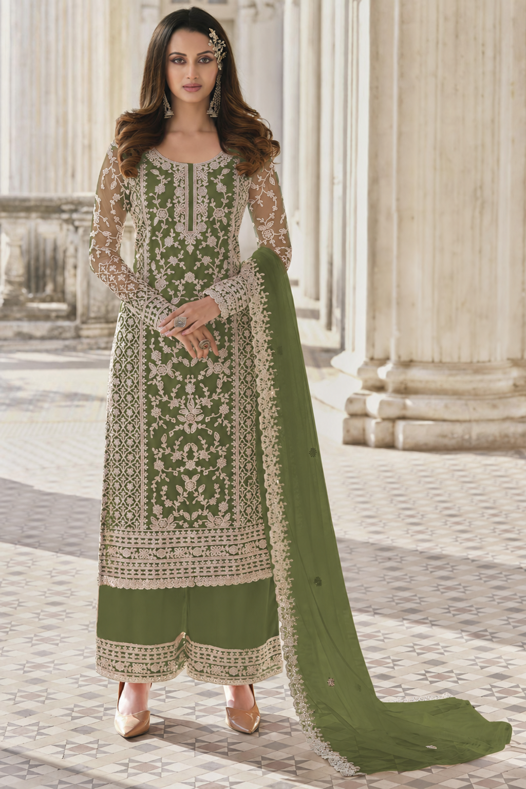 Olive Net Kameez Plazzo Suit For Indian Wedding & Pakistani Festival Dress - Embroidery Work