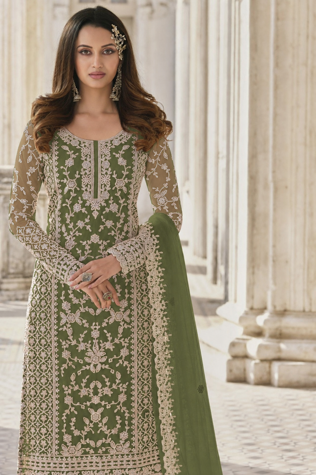 Olive Net Kameez Plazzo Suit For Indian Wedding & Pakistani Festival Dress - Embroidery Work