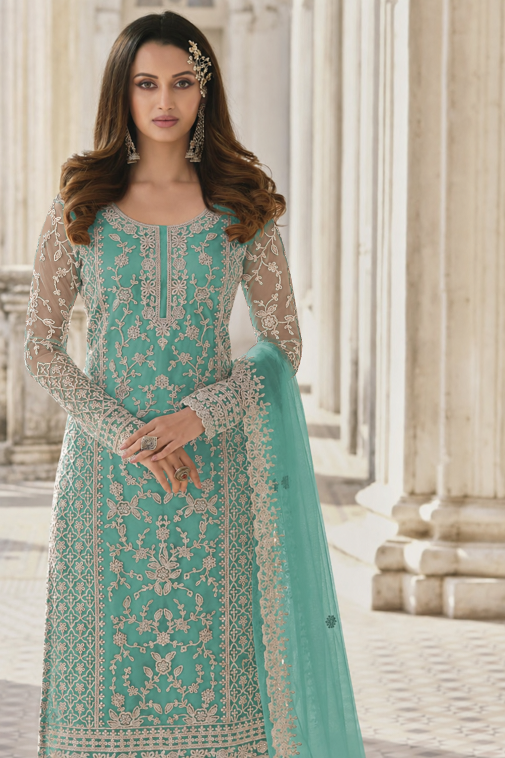 Turquoise Net Kameez Plazzo Suit For Indian Wedding & Pakistani Festival Dress - Embroidery Work