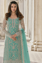 Turquoise Net Kameez Plazzo Suit For Indian Wedding & Pakistani Festival Dress - Embroidery Work
