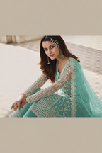 Turquoise Net Kameez Plazzo Suit For Indian Wedding & Pakistani Festival Dress - Embroidery Work