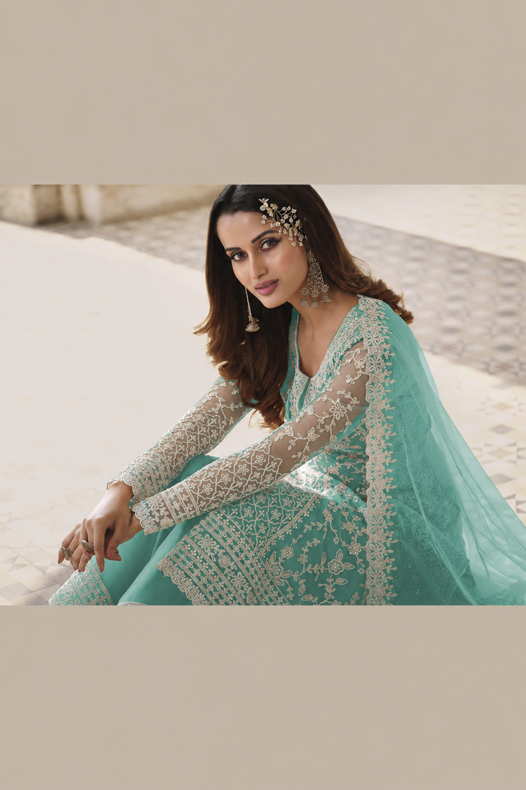 Turquoise Net Kameez Plazzo Suit For Indian Wedding & Pakistani Festival Dress - Embroidery Work