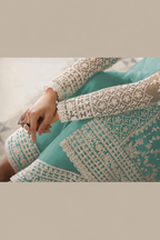 Turquoise Net Kameez Plazzo Suit For Indian Wedding & Pakistani Festival Dress - Embroidery Work