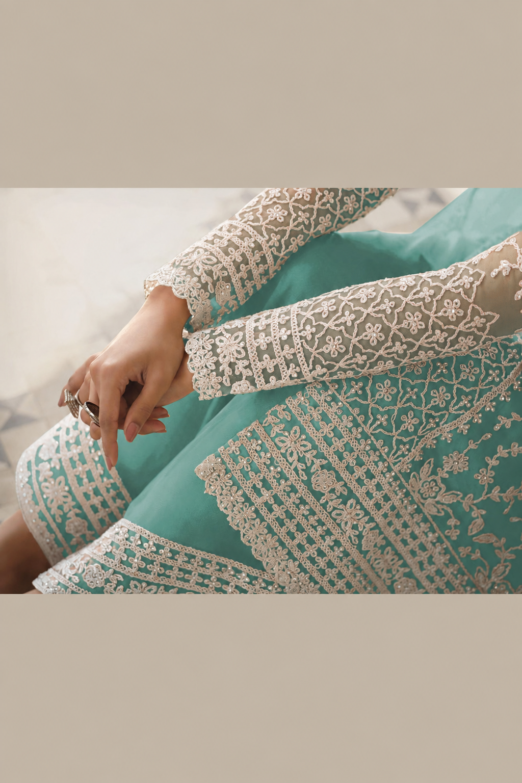 Turquoise Net Kameez Plazzo Suit For Indian Wedding & Pakistani Festival Dress - Embroidery Work