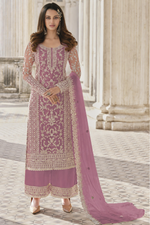 Light Purple Net Kameez Plazzo Suit For Indian Wedding & Pakistani Festival Dress - Embroidery Work
