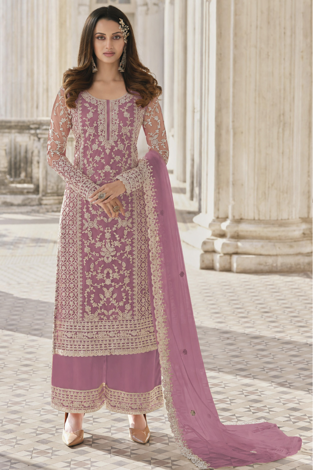 Light Purple Net Kameez Plazzo Suit For Indian Wedding & Pakistani Festival Dress - Embroidery Work