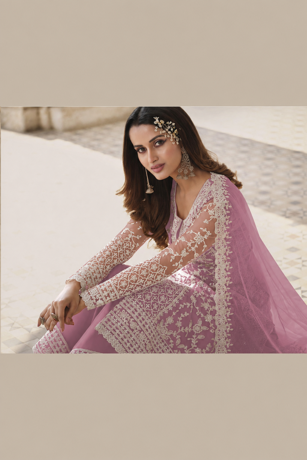 Light Purple Net Kameez Plazzo Suit For Indian Wedding & Pakistani Festival Dress - Embroidery Work