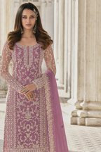 Light Purple Net Kameez Plazzo Suit For Indian Wedding & Pakistani Festival Dress - Embroidery Work