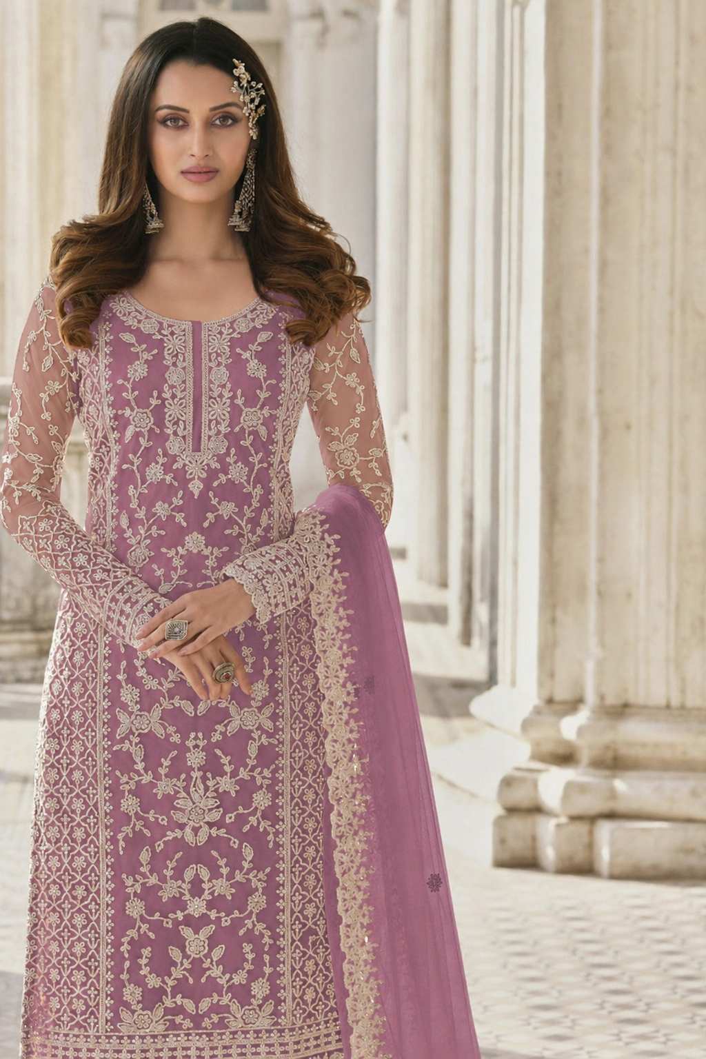 Light Purple Net Kameez Plazzo Suit For Indian Wedding & Pakistani Festival Dress - Embroidery Work