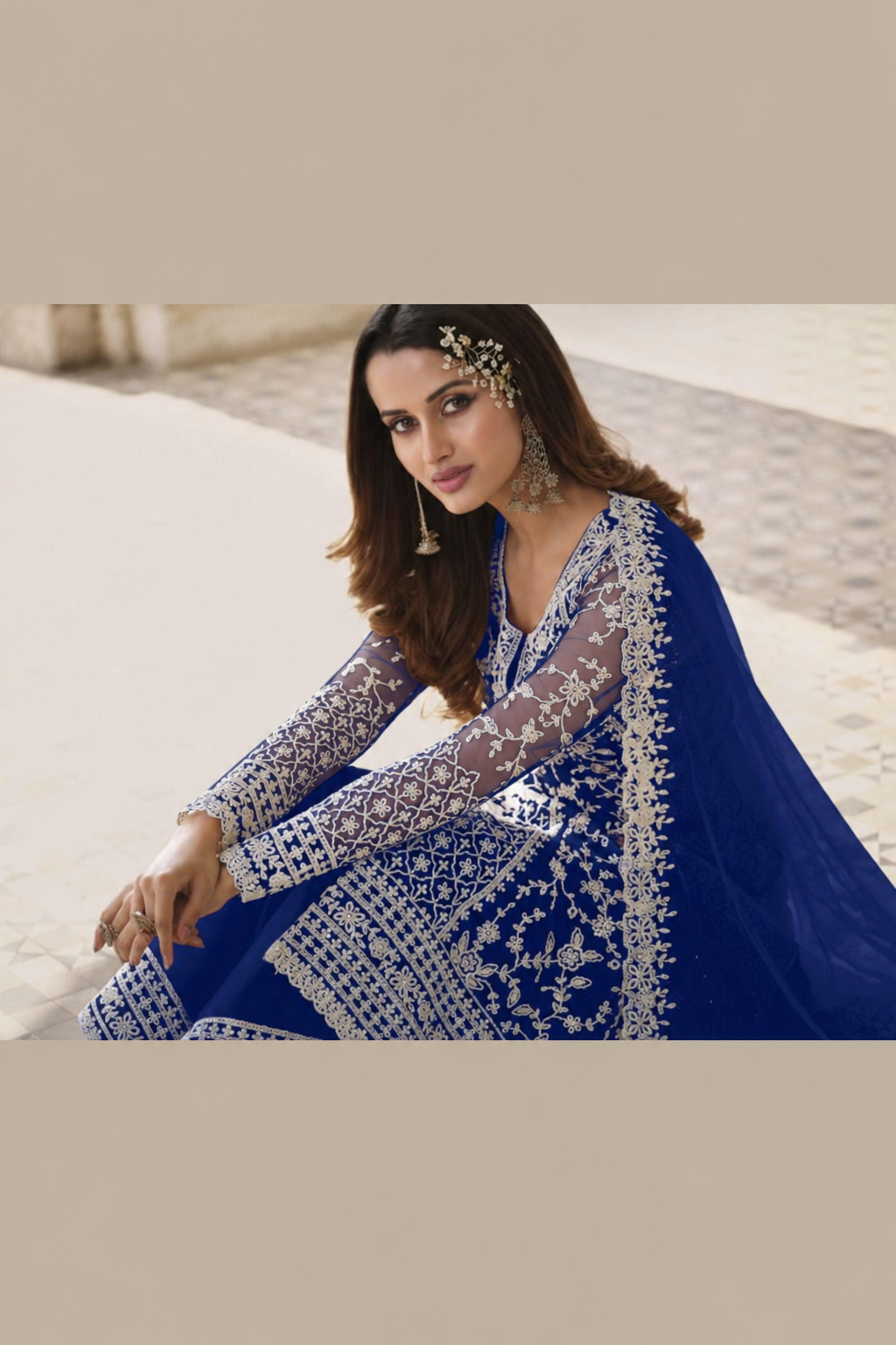 Blue Net Kameez Plazzo Suit For Indian Wedding & Pakistani Festival Dress - Embroidery Work