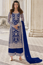 Blue Net Kameez Plazzo Suit For Indian Wedding & Pakistani Festival Dress - Embroidery Work