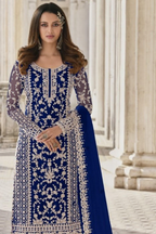 Blue Net Kameez Plazzo Suit For Indian Wedding & Pakistani Festival Dress - Embroidery Work