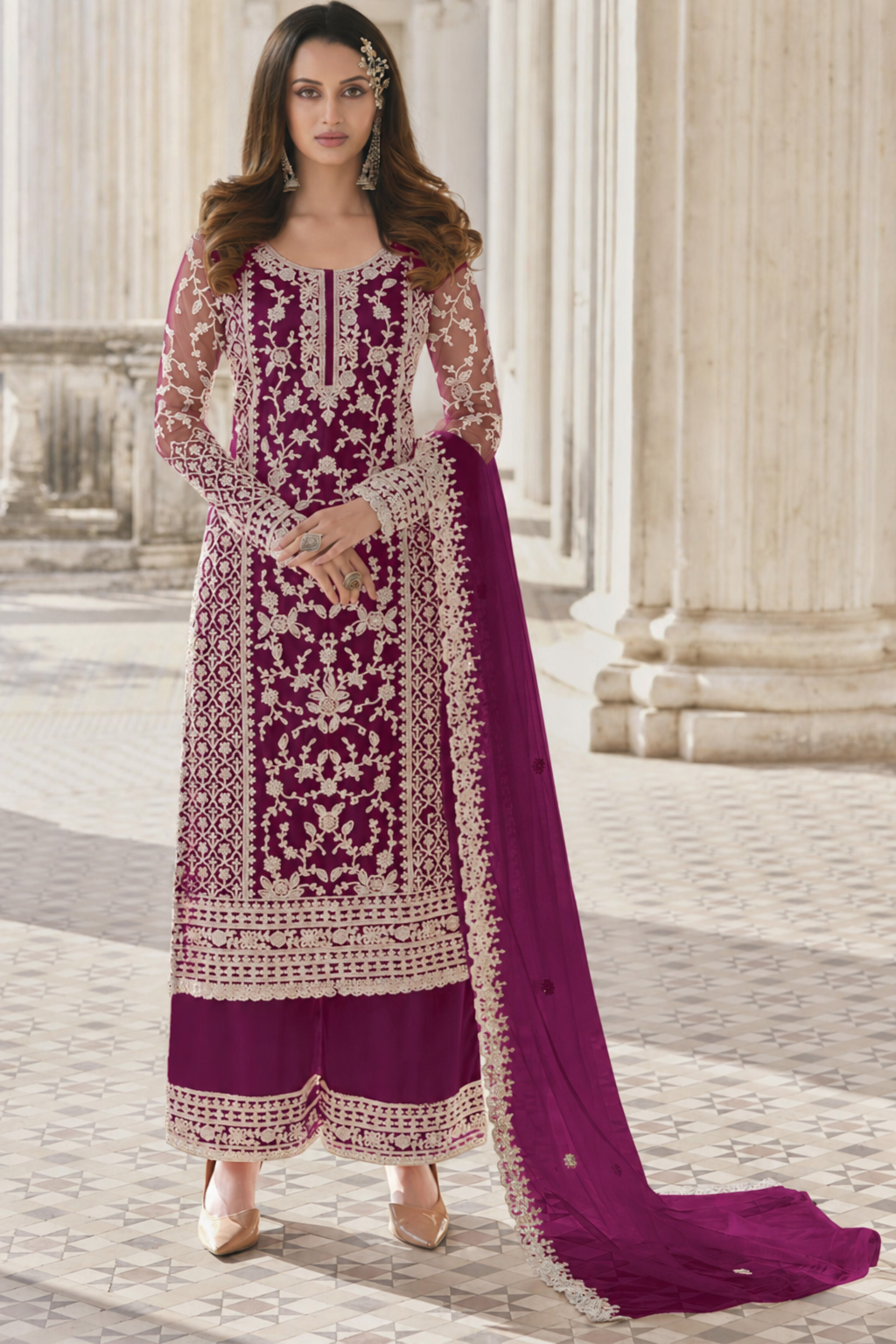 Maroon Net Kameez Plazzo Suit For Indian Wedding & Pakistani Festival Dress - Embroidery Work