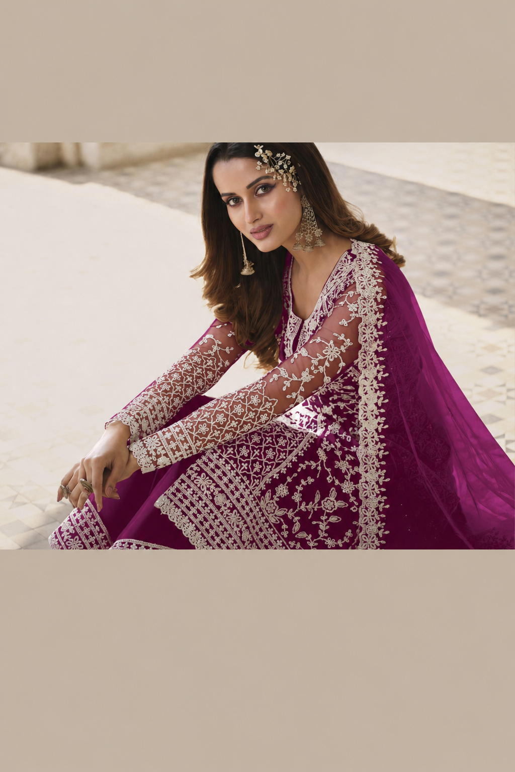 Maroon Net Kameez Plazzo Suit For Indian Wedding & Pakistani Festival Dress - Embroidery Work