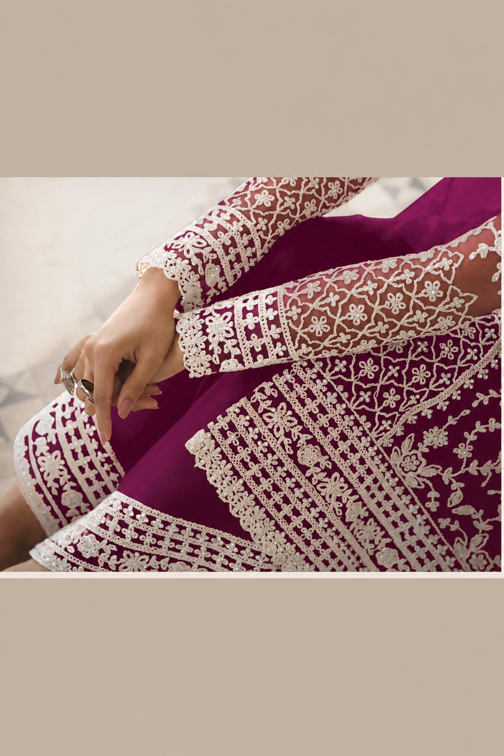 Maroon Net Kameez Plazzo Suit For Indian Wedding & Pakistani Festival Dress - Embroidery Work