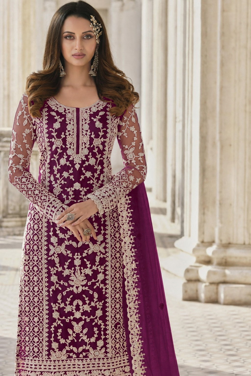 Maroon Net Kameez Plazzo Suit For Indian Wedding & Pakistani Festival Dress - Embroidery Work