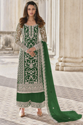 Green Net Kameez Plazzo Suit For Indian Wedding & Pakistani Festival Dress - Embroidery Work