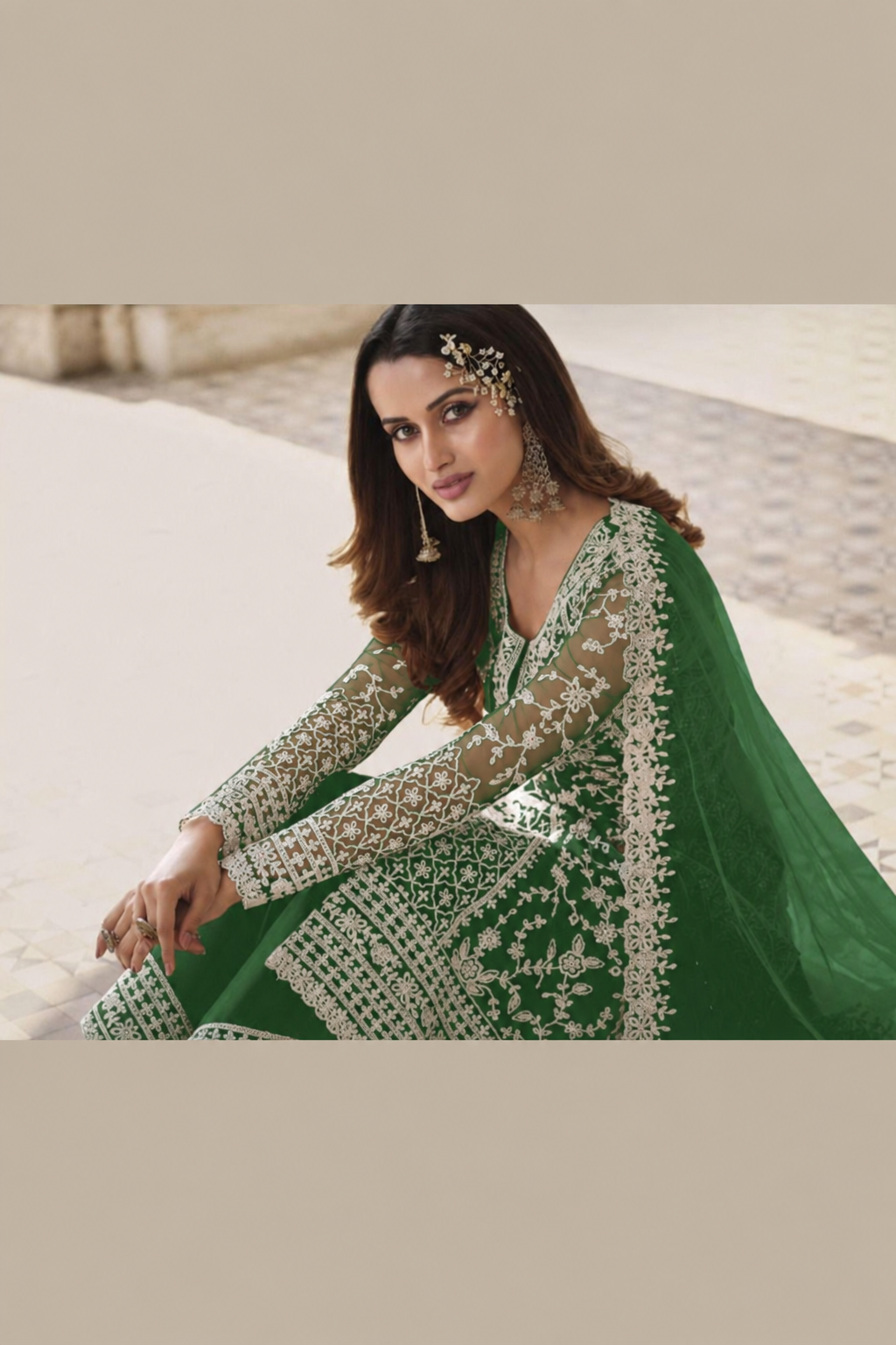 Green Net Kameez Plazzo Suit For Indian Wedding & Pakistani Festival Dress - Embroidery Work