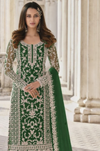 Green Net Kameez Plazzo Suit For Indian Wedding & Pakistani Festival Dress - Embroidery Work