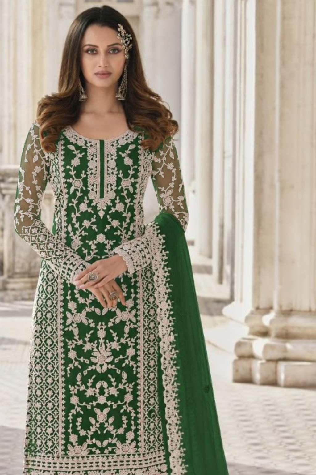 Green Net Kameez Plazzo Suit For Indian Wedding & Pakistani Festival Dress - Embroidery Work