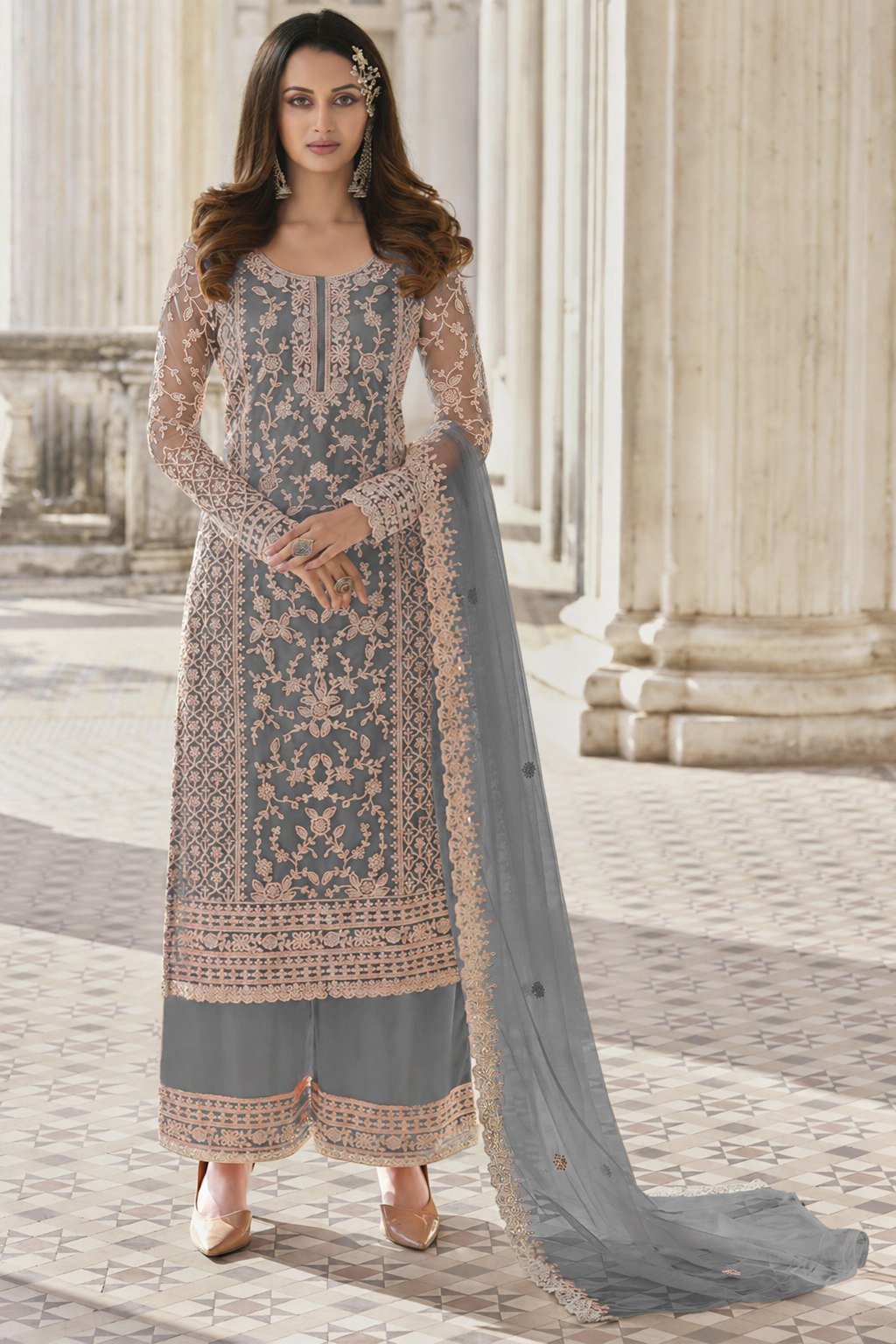 Gray Net Kameez Plazzo Suit For Indian Wedding & Pakistani Festival Dress - Embroidery Work