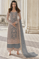 Gray Net Kameez Plazzo Suit For Indian Wedding & Pakistani Festival Dress - Embroidery Work