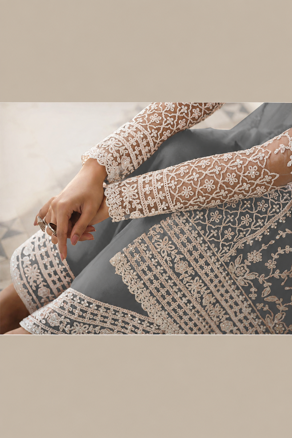 Gray Net Kameez Plazzo Suit For Indian Wedding & Pakistani Festival Dress - Embroidery Work