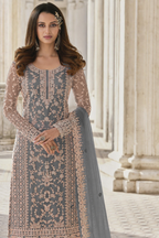 Gray Net Kameez Plazzo Suit For Indian Wedding & Pakistani Festival Dress - Embroidery Work