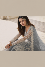 Gray Net Kameez Plazzo Suit For Indian Wedding & Pakistani Festival Dress - Embroidery Work