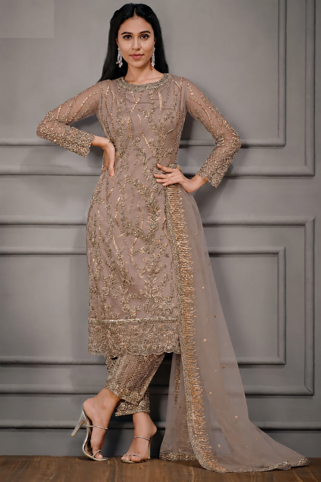 Light Brown Net Kameez with Pant For Indian Suit Festivals & Pakistani Weddings - Embroidery Work