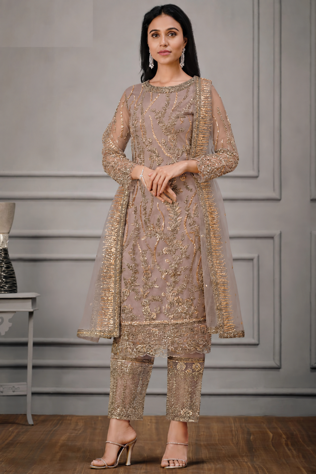 Light Brown Net Kameez with Pant For Indian Suit Festivals & Pakistani Weddings - Embroidery Work