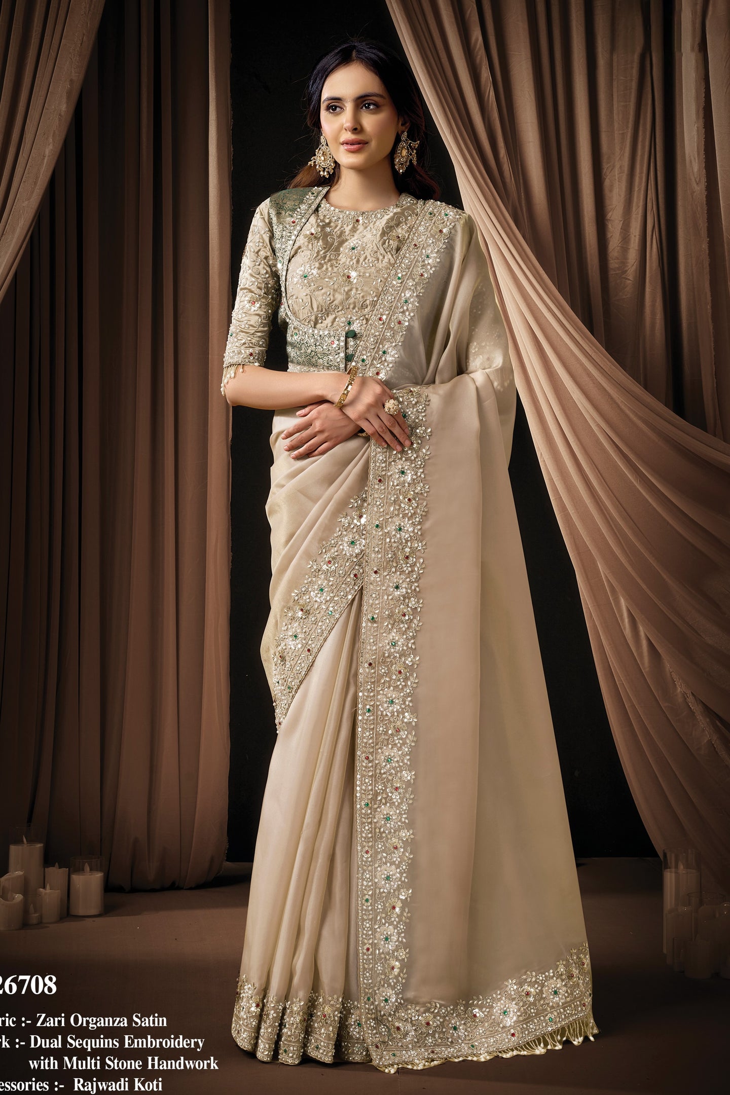 Beige Satin Saree for Wedding Guest with Sequins & Stone Handwork