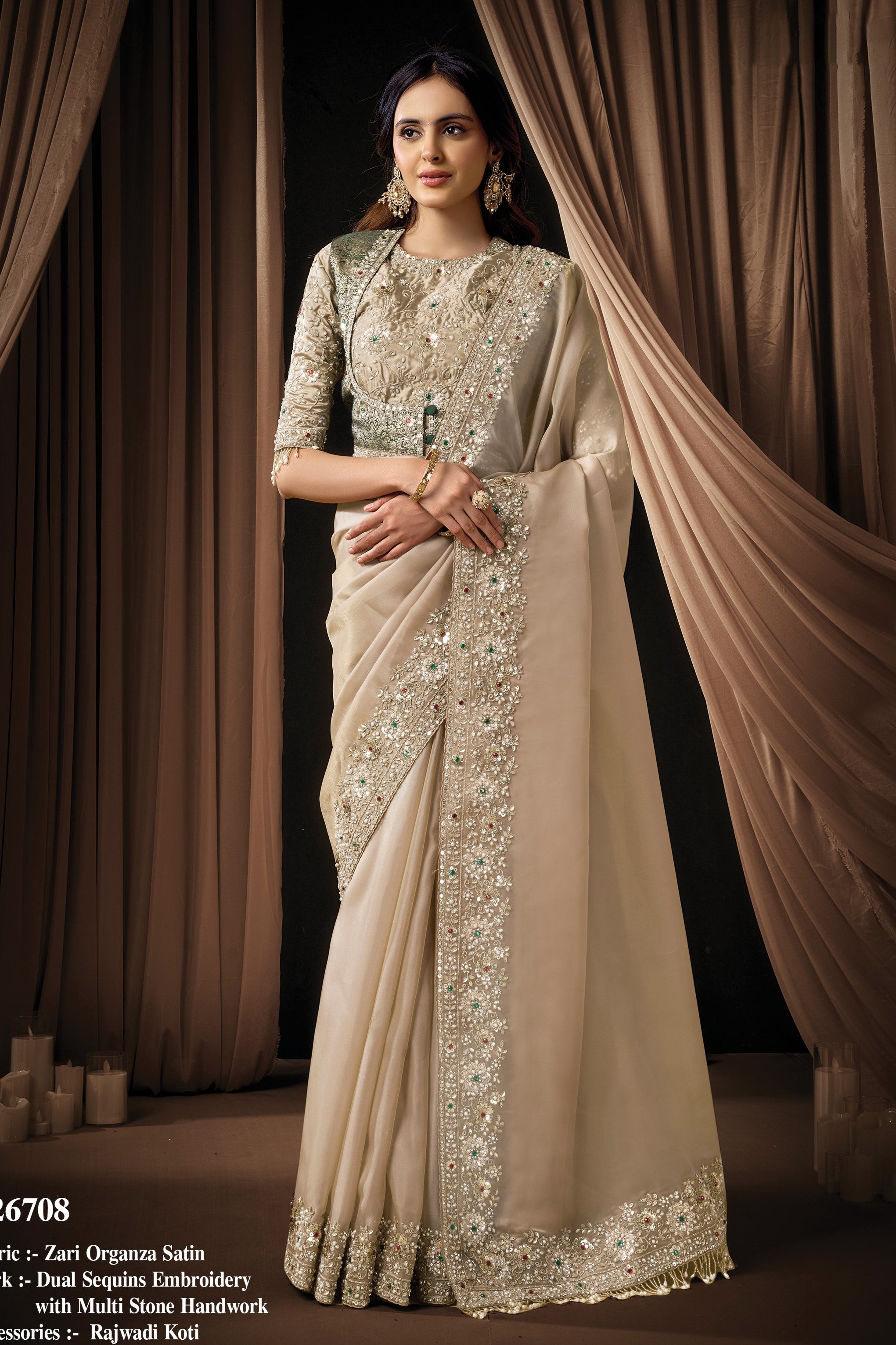 Chicku Satin Saree for Wedding Guest with Sequins and Stone Work