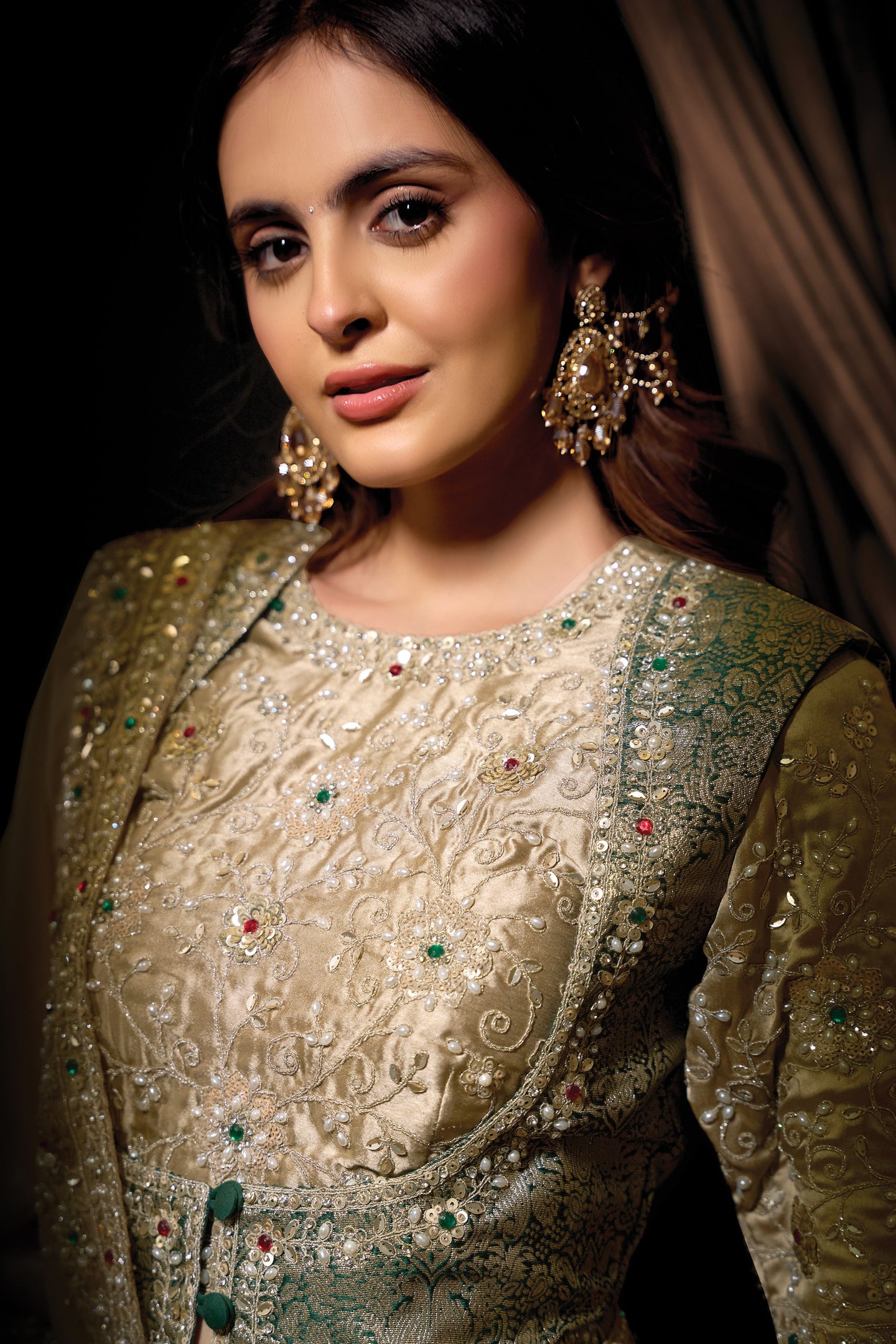 Beige Satin Saree for Wedding Guest with Sequins & Stone Handwork
