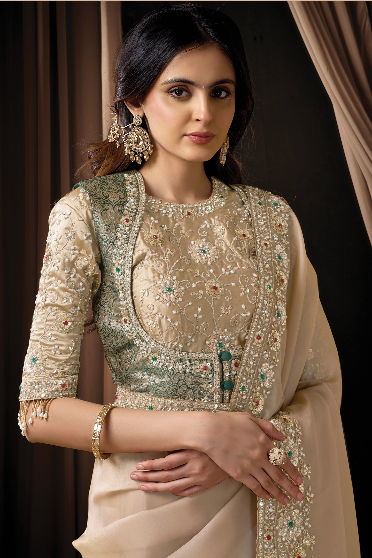 Beige Satin Saree for Wedding Guest with Sequins & Stone Handwork