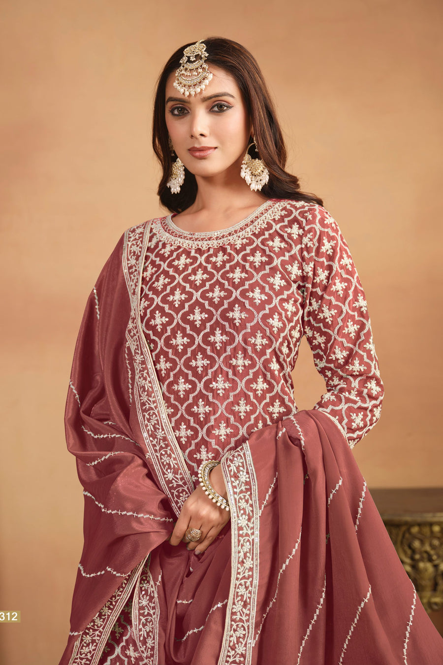 Coral Chinon Silk Lehenga Choli with Multicolor Lehenga For Indian Festivals & Pakistani Weddings - Thread Embroidery Work