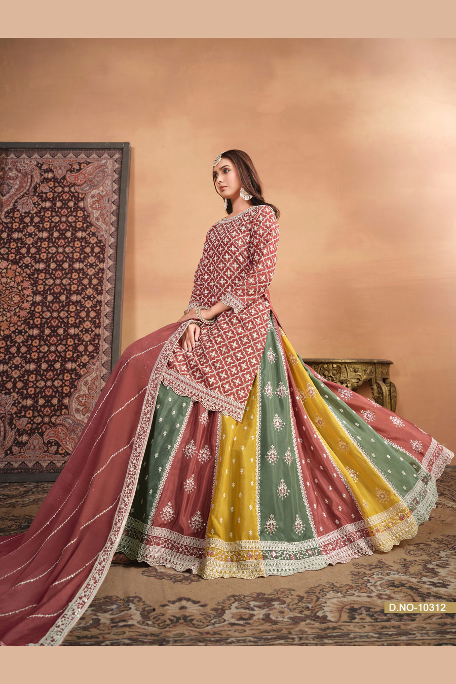 Coral Chinon Silk Lehenga Choli with Multicolor Lehenga For Indian Festivals & Pakistani Weddings - Thread Embroidery Work