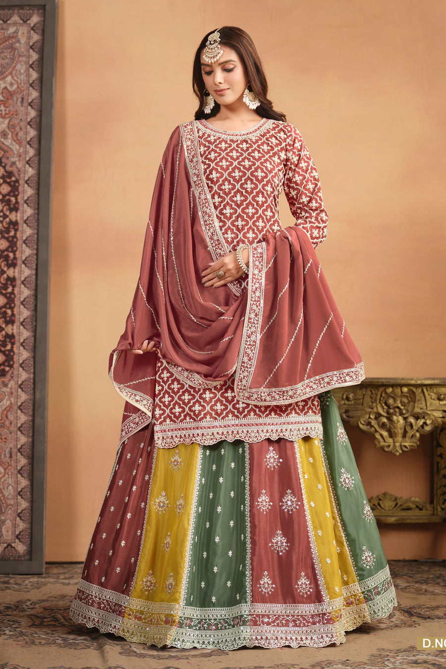 Coral Chinon Silk Lehenga Choli with Multicolor Lehenga For Indian Festivals & Pakistani Weddings - Thread Embroidery Work