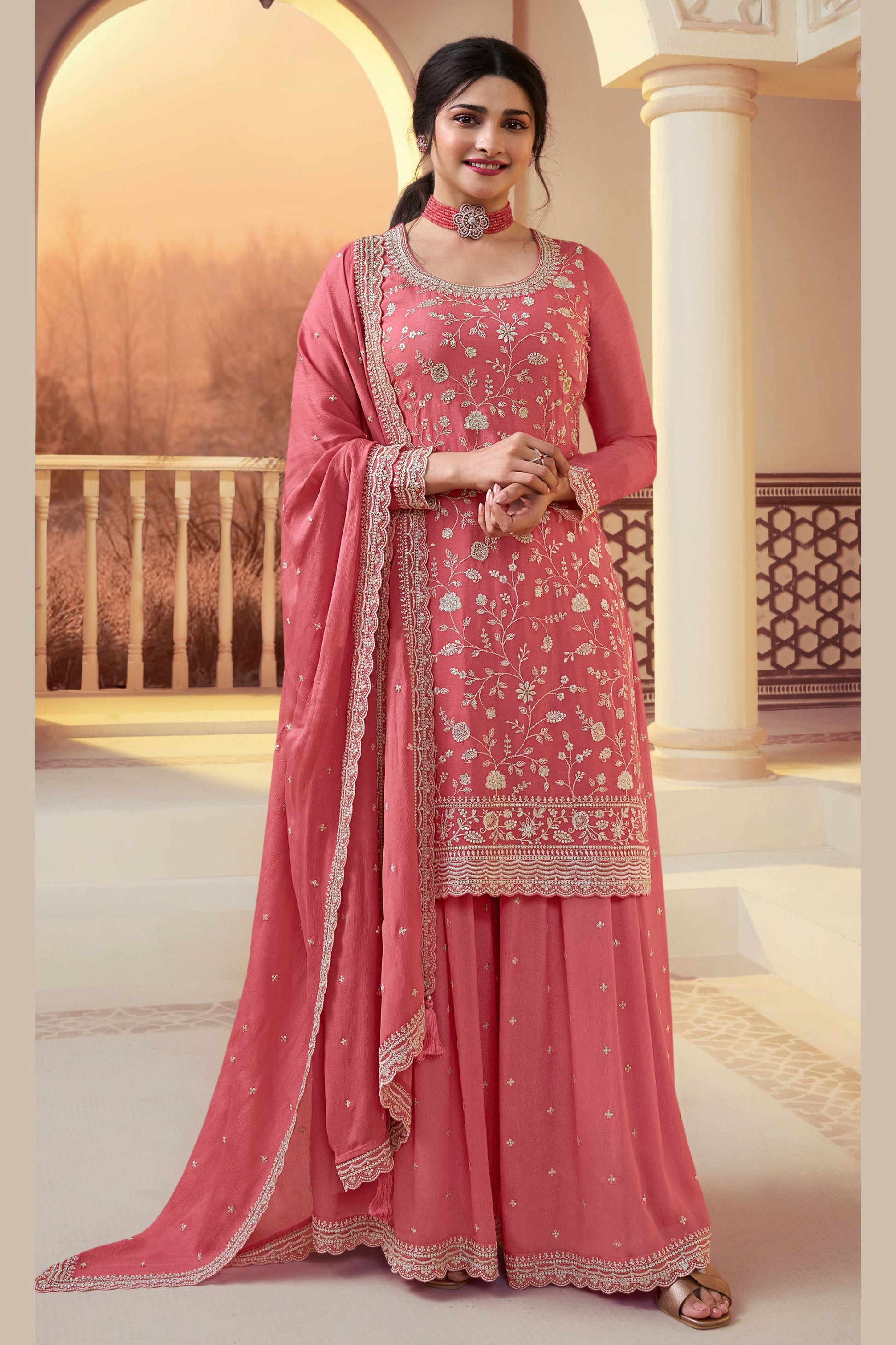 Coral Chinon Silk Palazzo Suit For Indian Festivals & Pakistani Plazo Wedding Dress - Embroidery Work