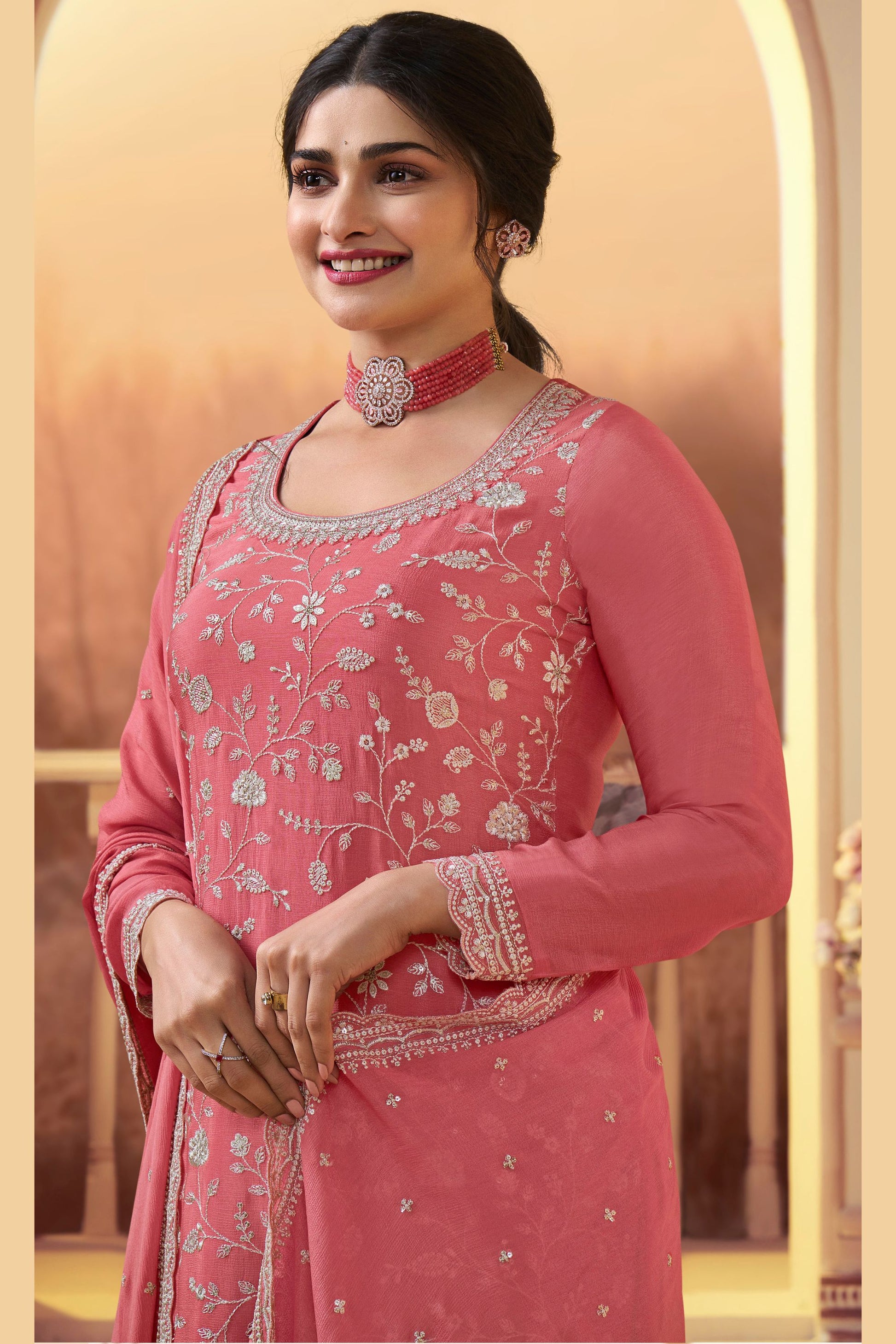 Coral Chinon Silk Palazzo Suit For Indian Festivals & Pakistani Plazo Wedding Dress - Embroidery Work