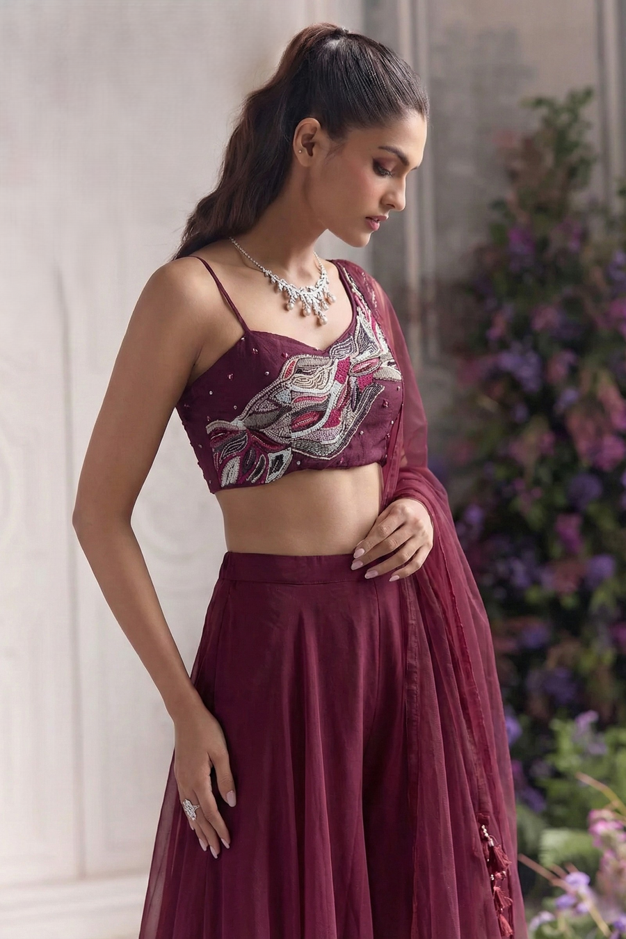 Wine Georgette Asymmetric One Shoulder Top with Plazo Suit with Moti and Embroidery Work