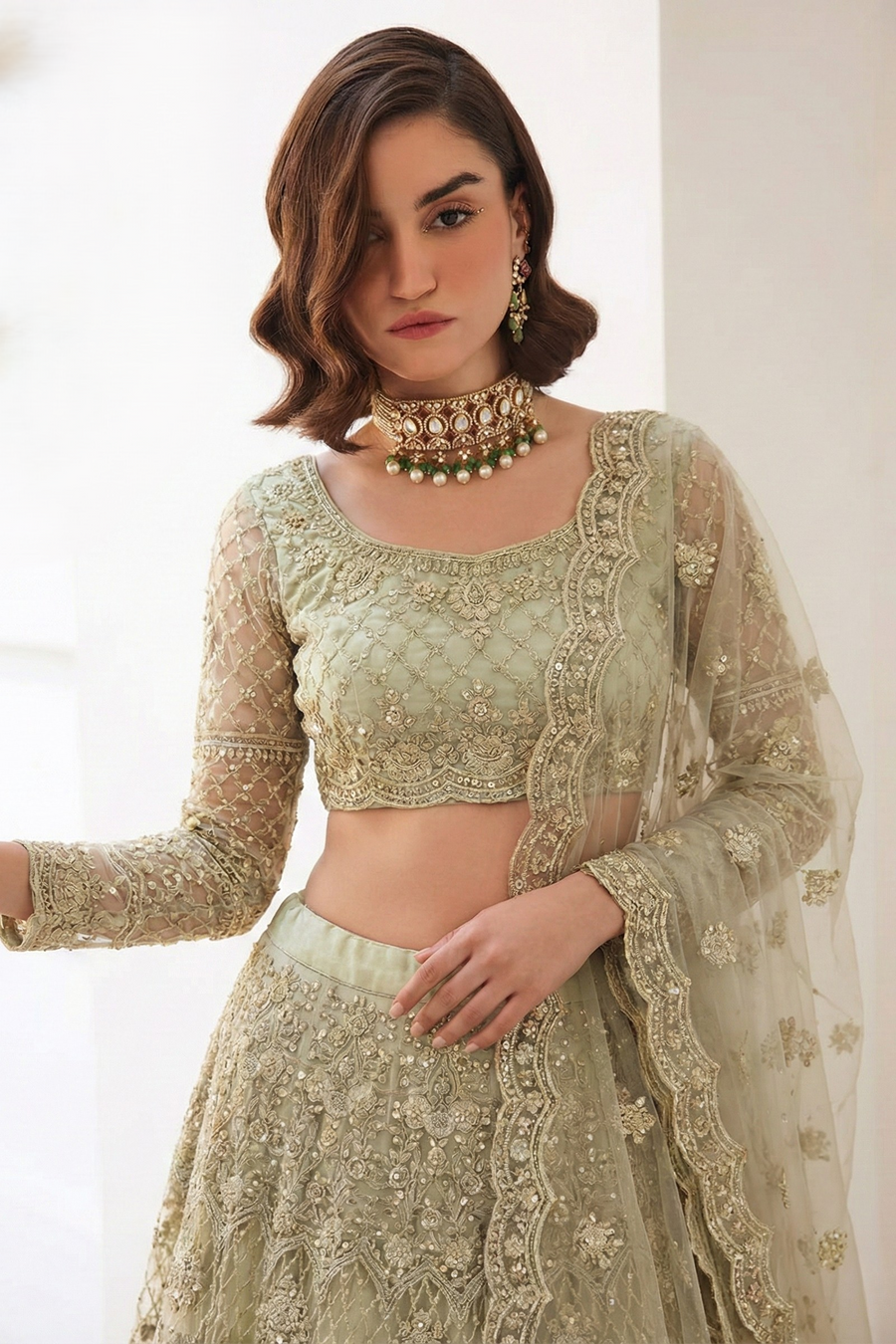 Pista Green Net Sangeet Lehenga Choli with Thread and Sequin Work