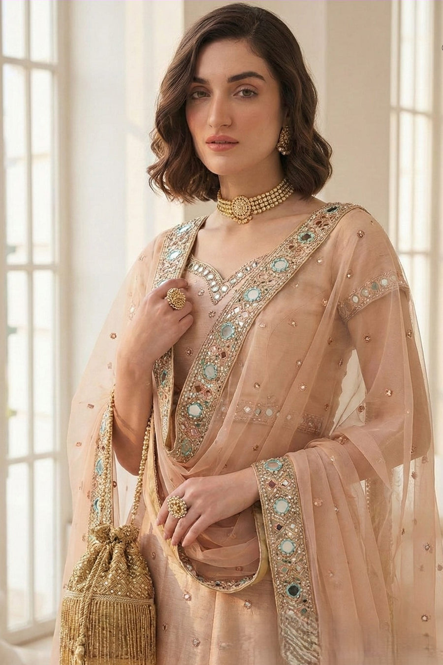Cream Georgette Kameez With Pant For Indian & Pakistani Wedding Festival - Thread & Sequins Embroidery Work, Khatli Work
