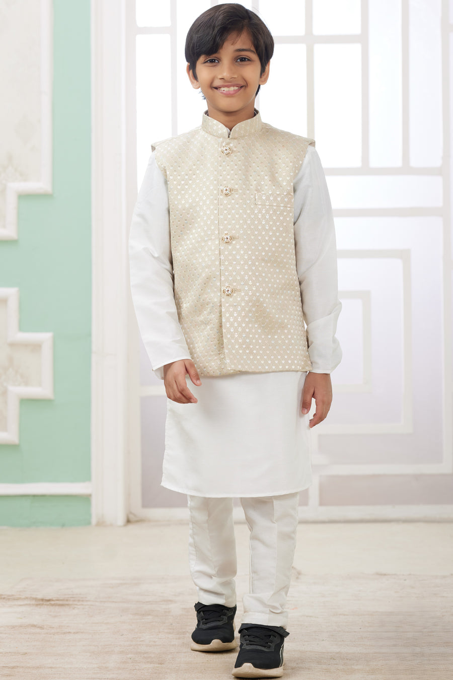 Cream Art Silk 3 Piece Kids Wear Boys Suit Kurta Pajama with Waistcoat Nehru Jacket for Kids for Festivals & Wedding - Embroidery Work