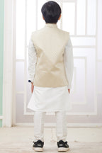 Cream Art Silk 3 Piece Kids Wear Boys Suit Kurta Pajama with Waistcoat Nehru Jacket for Kids for Festivals & Wedding - Embroidery Work